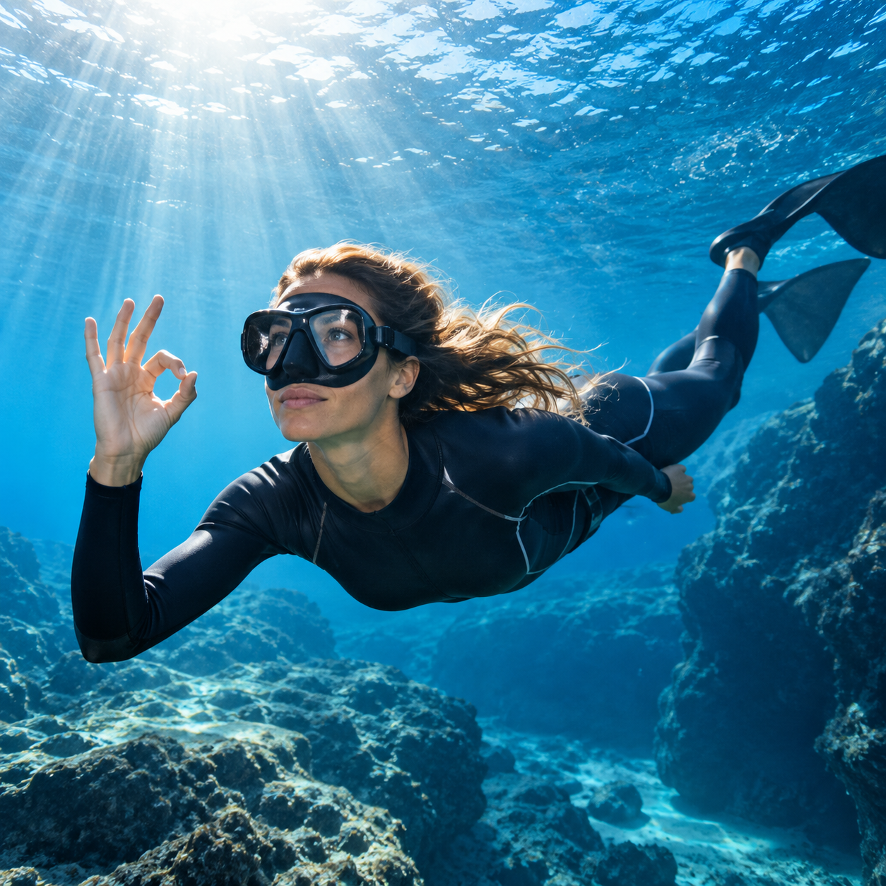 Buceadora en apnea haciendo la señal de correcto bajo el agua en aguas claras de Canarias