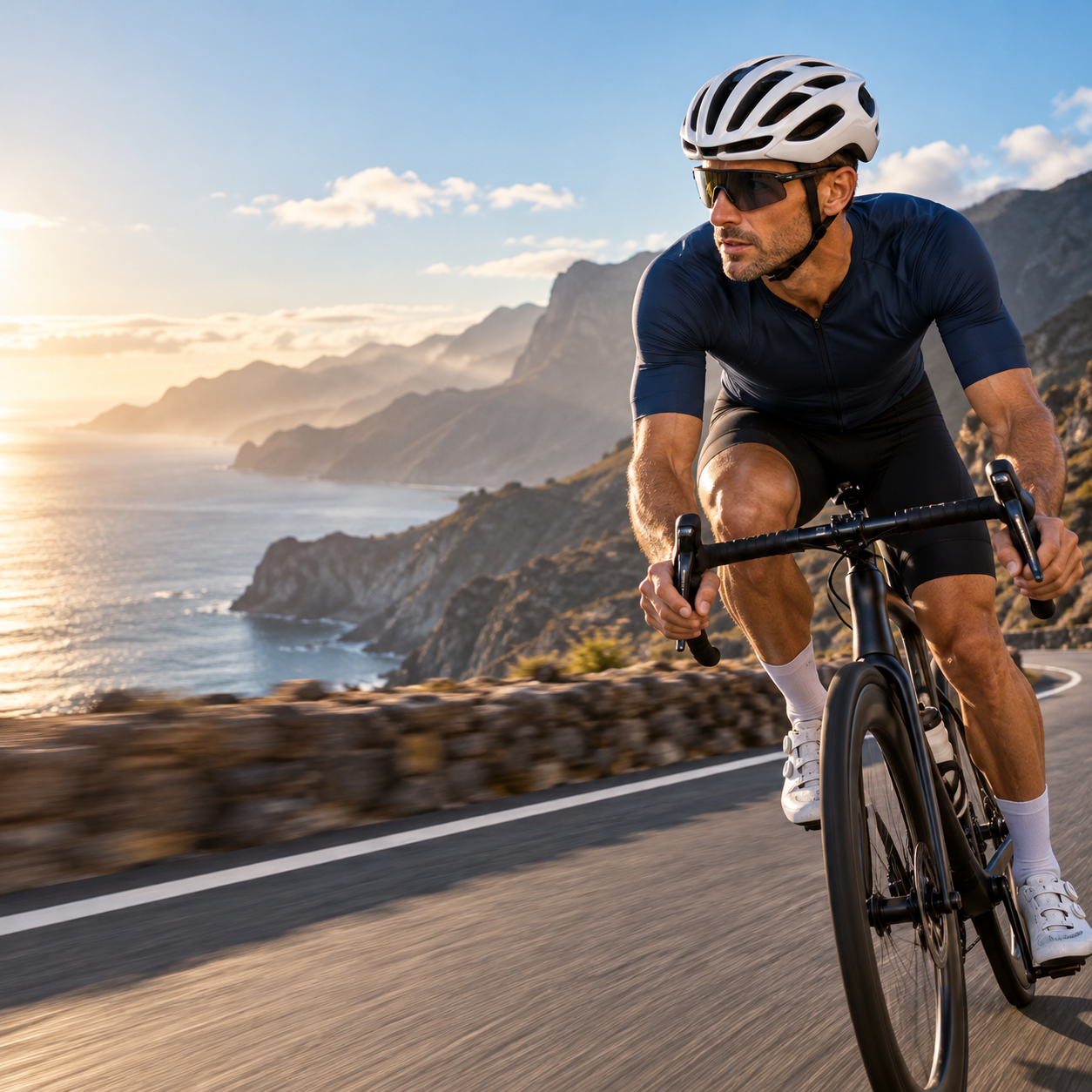 Ciclista pedaleando por una carretera costera de Canarias al atardecer