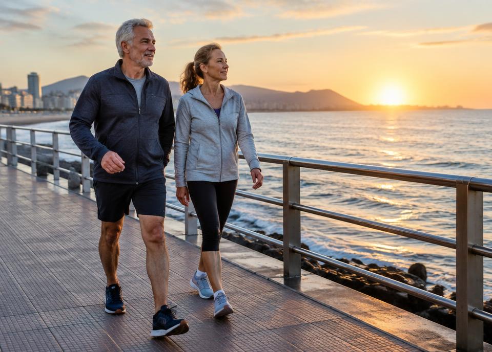 Pareja activa caminando junto al mar en Las Palmas de Gran Canaria