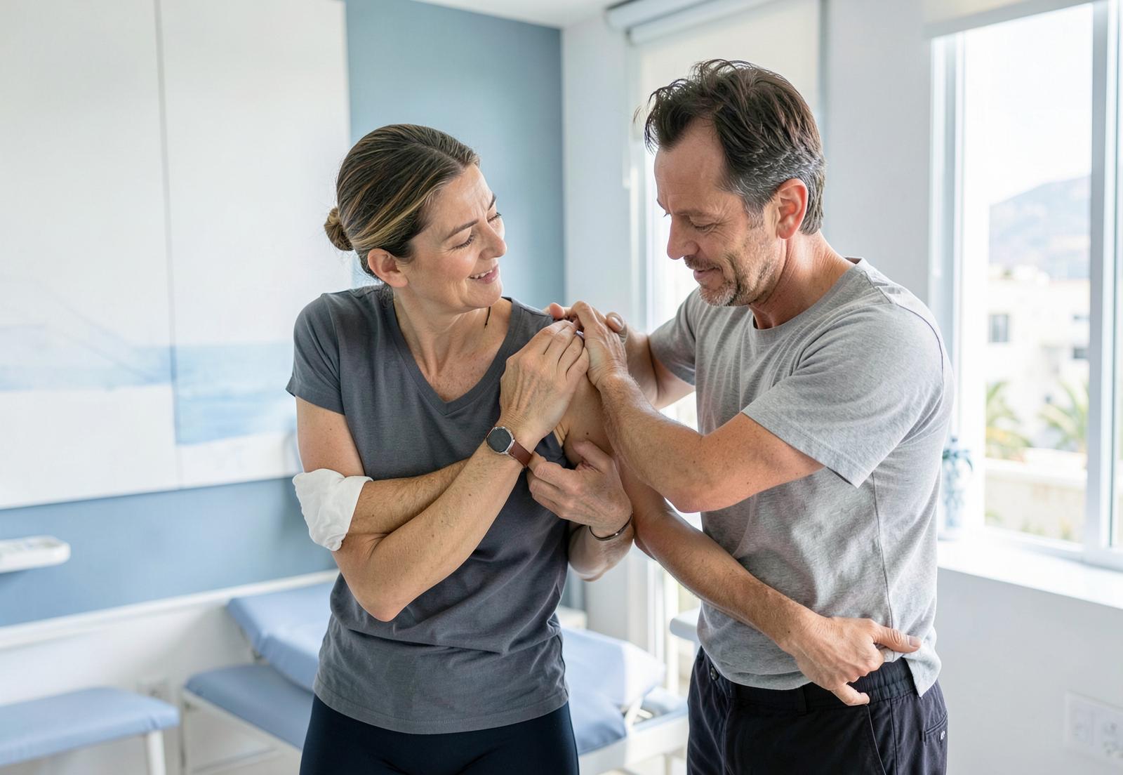 Sesión de osteopatía y valoración del hombro en un entorno clínico